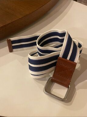 US Polo Assn Striped Web Belt 36 Navy White Leather Trim Preppy